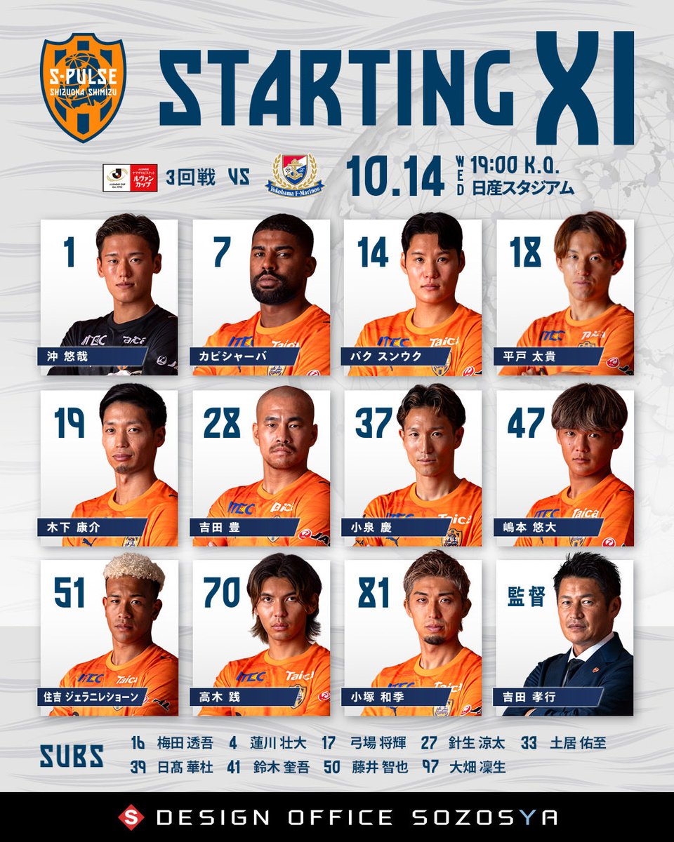 spulse_official's tweet photo. ▶︎ 𝗠𝗔𝗧𝗖𝗛𝗗𝗔𝗬｜横浜FM戦𝙎𝙏𝘼𝙍𝙏𝙄𝙉𝙂 𝙇𝙄𝙉𝙀𝙐𝙋🔸🔸
横浜FM戦、19時キックオフ。
本日も熱いご声援よろしくお願いいたします。
https://t.co/zQnDEN42va

試合速報はエスパルス公式X＆試合コンテンツは #エスパルスアプリ で※PREMIUMコンテンツで配信中
📱ダウンロード
https://t.co/WV7dQDeVtH

#spulse #ONEFAMILY #Jリーグ #Jleague
#soccer #サッカー #Football 
#スタメン #startinglineup 
#デザインオフィス創造舎 #sozosya #駿府の工房匠宿
https://t.co/oH5vaTzesc #1014vs横浜FM