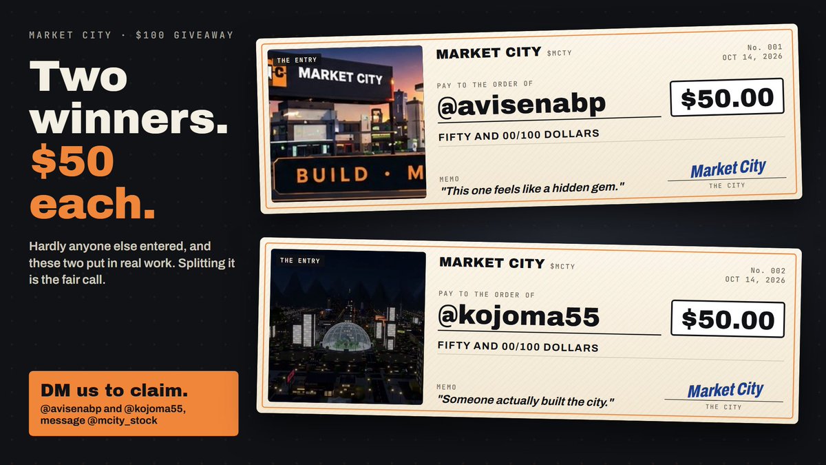 mcity_stock's tweet photo. The $100 Market City giveaway goes to two people.

Hardly anyone else entered, and these two put in real work, so the fair call is to split it: $50 each.

@avisenabp
@kojoma55

Thank you both for the support. Please DM us to claim. https://t.co/eWlETAdvum