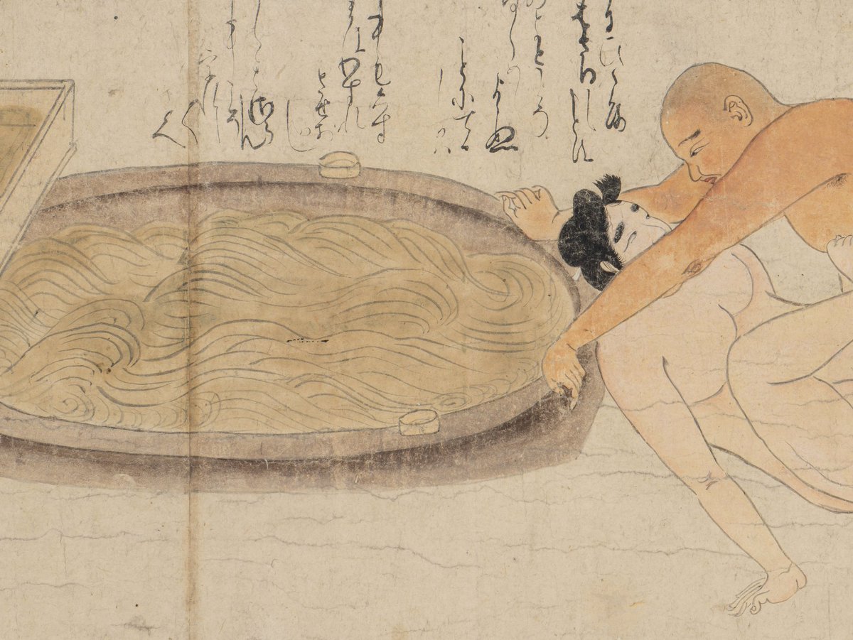 ArtFukuda's tweet photo. 作者不詳《稚児草紙》（部分）

企画展 #愛のカタチ 展では、日本最古の春画の1つ、《稚児草紙》を公開。
稚児の頬の色や、……（←自粛）な内容にも関わらず情緒的に描かれた庭の秋草など、彩色も比較的綺麗に残っているため、色んな意味で見応えがあります。（巻き替えあり）ご紹介動画は #福美チャンネル にて公開中です。
https://t.co/pN9dARNuDE
気になった方は、歴史的に極めて高い価値のあるこの作品を、是非実際にご覧ください。

#福田美術館
@fukuda_art_museum