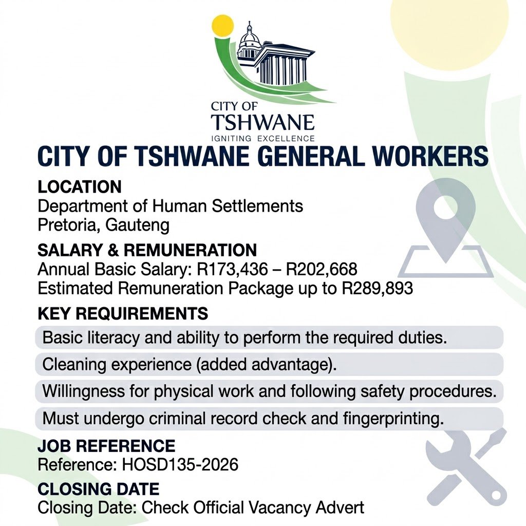 tumelo_br's tweet photo. 📌City of Tshwane ishiring!

✅GENERAL WORKERS

📍Pretoria
 
Salary: R173,436 – R202,668 per annum

Minimum Requirements:
- Basic Literacy - Grade 9/10/11/ 12/ Matric!
- Physically fit.
- Ability to duties

Closing Date: Not specified!

Apply ASAP:
https://t.co/WvFX3a4iKU https://t.co/ap9H2o0PMC