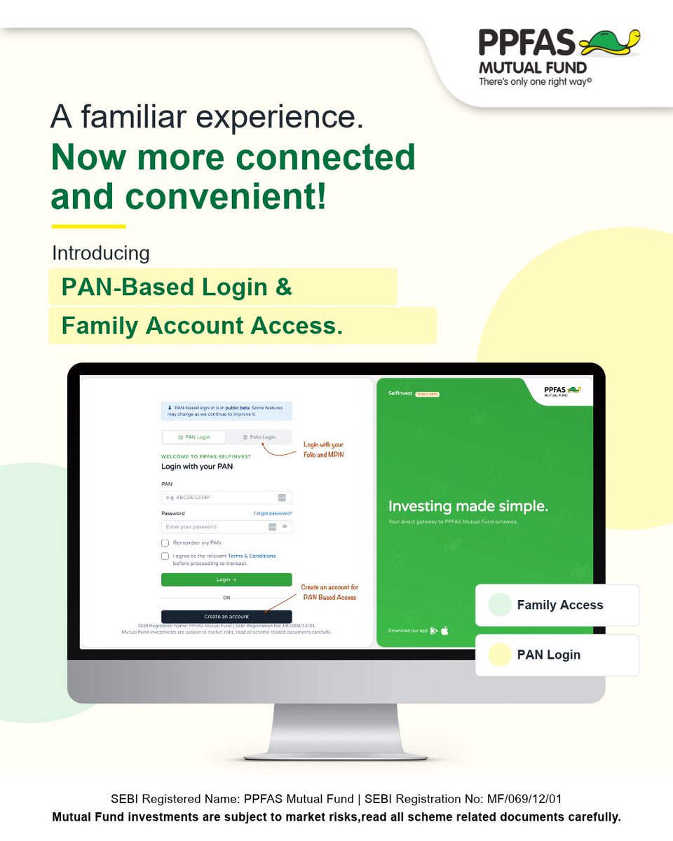 ppfasmf's tweet photo. A new PPFAS SelfInvest experience is here.

• Now with PAN-based login, access &amp; organise all your PAN-linked folios.
• Manage family folio access with their approval.

Now live on the PPFAS SelfInvest Web App. Mobile app coming soon!

Visit Now: https://t.co/P27mG31ZiF

#PPFAS https://t.co/BdsB8EyZXQ