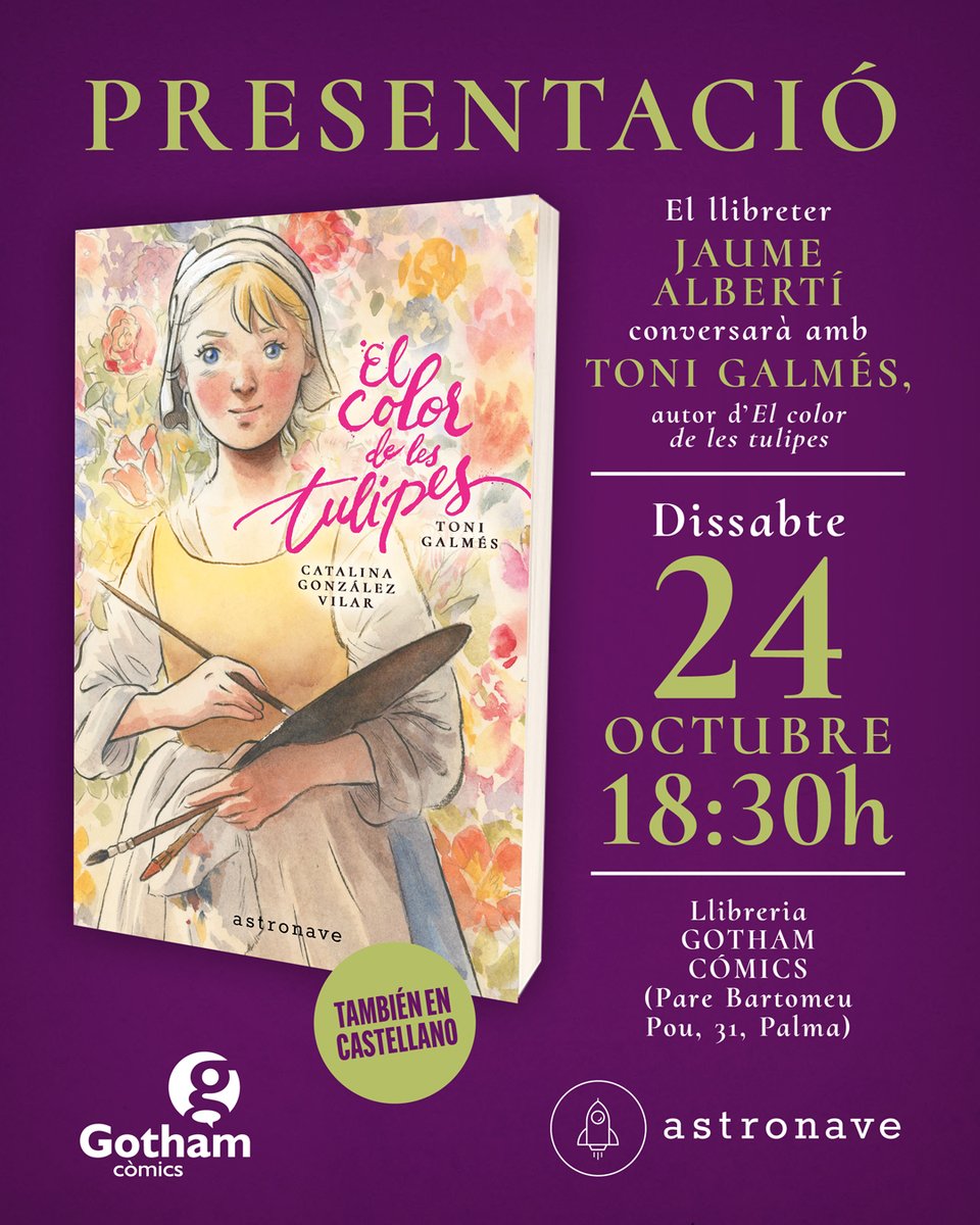 EdAstronave's tweet photo. La setmana vinent tens una oportunitat immillorable per descobrir el secret d’EL COLOR DE LES TUPILES 🌷

El 24/10 📅a les 18.30 h ⏰@tonigalmesdibu1 conversarà sobre la seva obra amb el llibreter Jaume Albertí a l’espai de @GothamMallorca.

No t’ho pots perdre! 😉 https://t.co/d0NdS29YYL