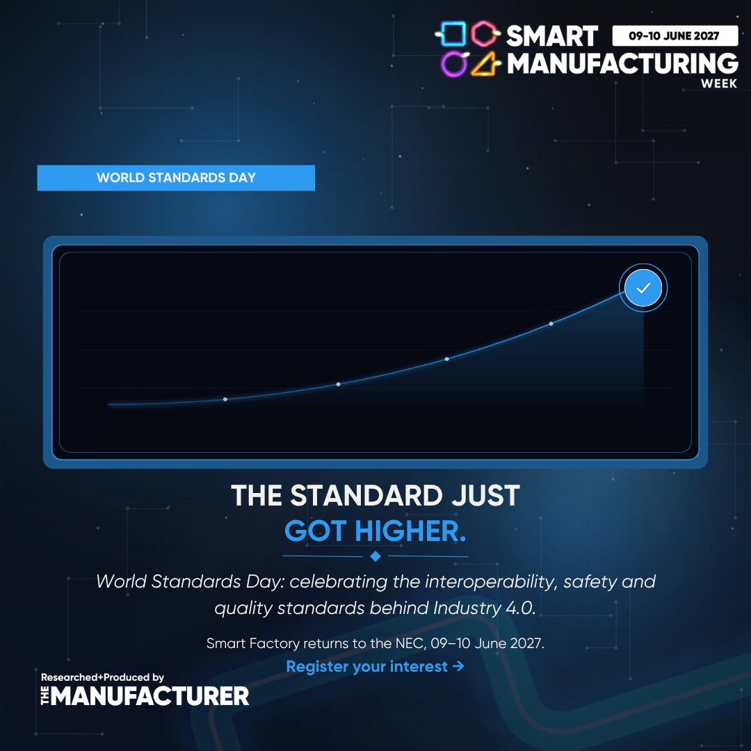 SmartMWeek's tweet photo. This World Standards Day, we pay tribute to the experts behind the interoperability, safety and quality standards that underpin Industry 4.0.

Smart Factory Expo returns to the NEC Birmingham, 9–10 June 2027. 

Register your interest → https://t.co/mUxs9dVr5t https://t.co/5PPX4mbov4