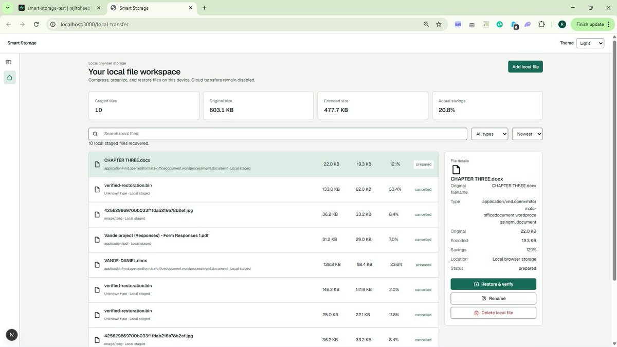 Hafid_raji_'s tweet photo. Making solid progress on Smart Storage
Local compression + restore is working smoothly.
10 files staged • 603 KB → 478 KB • 20.8% savings
Pipeline so far:
Compress → (Upload to cloud coming next) → Restore → Decompress back to original
#BuildInPublic #WebDev #Compression https://t.co/vvbamYaRfa