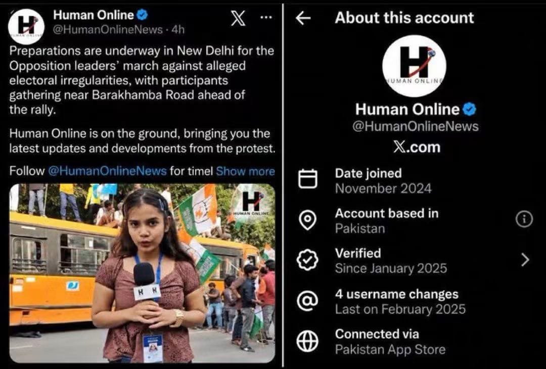 _TheManuscript's tweet photo. Rahul Gandhi and the Congress-led “Vote Chori” campaign are raising serious questions due to signs of active involvement by Pakistan-linked media networks.

The platform named “Human Online,” whose social media accounts’ location and a large portion of employees on LinkedIn are shown to be linked to Pakistan, is covering opposition movements. Its reporter Aliza Iram was seen removing the microphone and raising slogans like “Manuvad par chadhkar... halla bol.” When foreign networks are engaged in raising questions on India’s internal democratic process and exaggerating protest demonstrations, Congress’s silence and indirectly benefiting from these reports is against the national interest.

This is the same Rahul Gandhi whose party ruled for decades, yet left behind a history of institutional weaknesses and scams. Today, knowingly or unknowingly giving space to elements that are tarnishing India’s image and spreading instability through foreign platforms is merely an extension of Congress’s old “Dynastic Politics” and anti-national thinking. The protection of democracy comes not from foreign agendas, but from the unity of the country.⁠ 

#india #VoteChoriNarrative #CongressExposed #NationFirst #RahulGandhi #Rahul_Gandhi
#Congress #HumanOnline #Pakistan

https://t.co/kYZU2zdG26