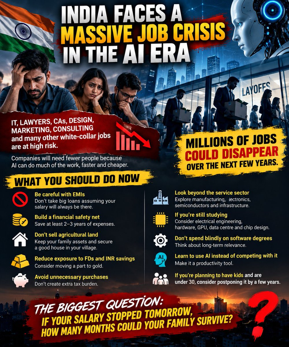 pushpendrakum's tweet photo. 🚨 UNPOPULAR WARNING: THE NEXT BIG CRISIS IN INDIA MAY NOT BE INFLATION. IT MAY BE UNEMPLOYMENT.

For decades, Indians were told the same formula:

Study hard → Get an IT job → Take a home loan → Buy a car → Raise a family.

But what happens when the job that pays your EMI can be done by AI at a fraction of the cost?

Think about it.

A company that once needed 500 employees might operate with 100. Not because the business is struggling, but because technology makes it possible.

And this isn't just about software engineers. Accounting, legal research, customer support, recruitment, graphic design, digital marketing and other office jobs could face massive pressure.

My biggest concern isn't AI. It's how unprepared the average household is for a sudden loss of income.

Most people have:
• EMIs that consume half their salary
• Savings that won't last six months
• A lifestyle built around monthly income
• No backup skill and no alternative source of earnings
Here's what I'd do differently:
🔹 Think twice before taking a 20-year loan just because the bank approved it.
🔹 Build a financial safety net before upgrading your lifestyle.
🔹 Don't sell productive family assets just to fund a luxury lifestyle.

🔹 Stop chasing degrees simply because everyone else is doing it.

🔹 Look beyond traditional IT careers. Electronics manufacturing, semiconductor design, power systems, robotics, industrial automation and data centre infrastructure deserve serious attention.

🔹 If you're already working, learn to use AI to multiply your productivity instead of competing against it blindly.

🔹 Don't make major family or financial decisions assuming your current income will continue forever.

One more thing: AI won't eliminate every white-collar job, and new opportunities will emerge. But the transition could be brutal for people who fail to adapt.

India's biggest advantage is its talent. Its biggest vulnerability could be millions of people preparing for yesterday's economy.

The next generation may not be judged by which college they attended or which company hired them.

They may be judged by how quickly they adapted.

The real question is: If your salary stopped tomorrow, how many months could your family survive without borrowing money?

Be honest with yourself. 👇