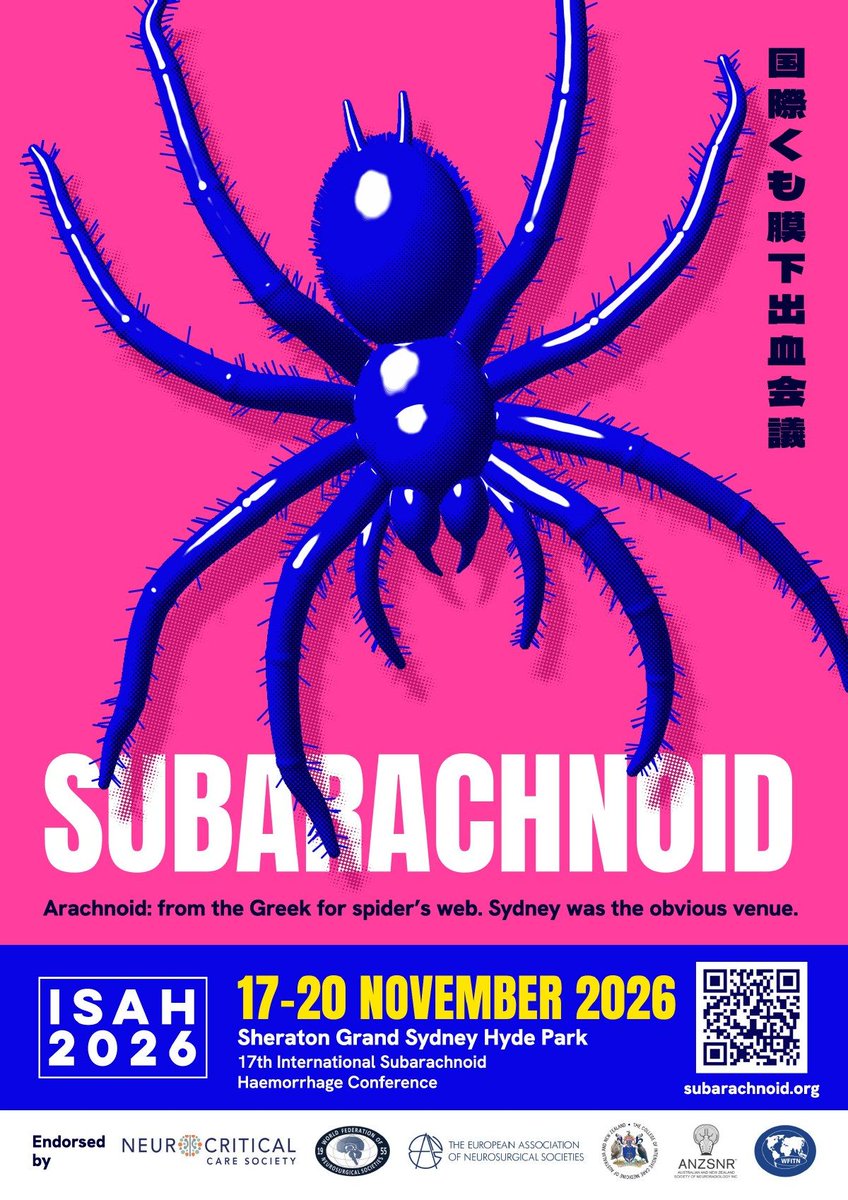 IntSAH's tweet photo. Arachnoid: from the Greek for spider's web. Sydney, home of the funnel-web, was the obvious venue.

Poster 2 of 5 for ISAH 2026. Free to print: https://t.co/A3wt6k30Gw
Register: https://t.co/EDMDaY1bKA https://t.co/48YVRH1Ucb