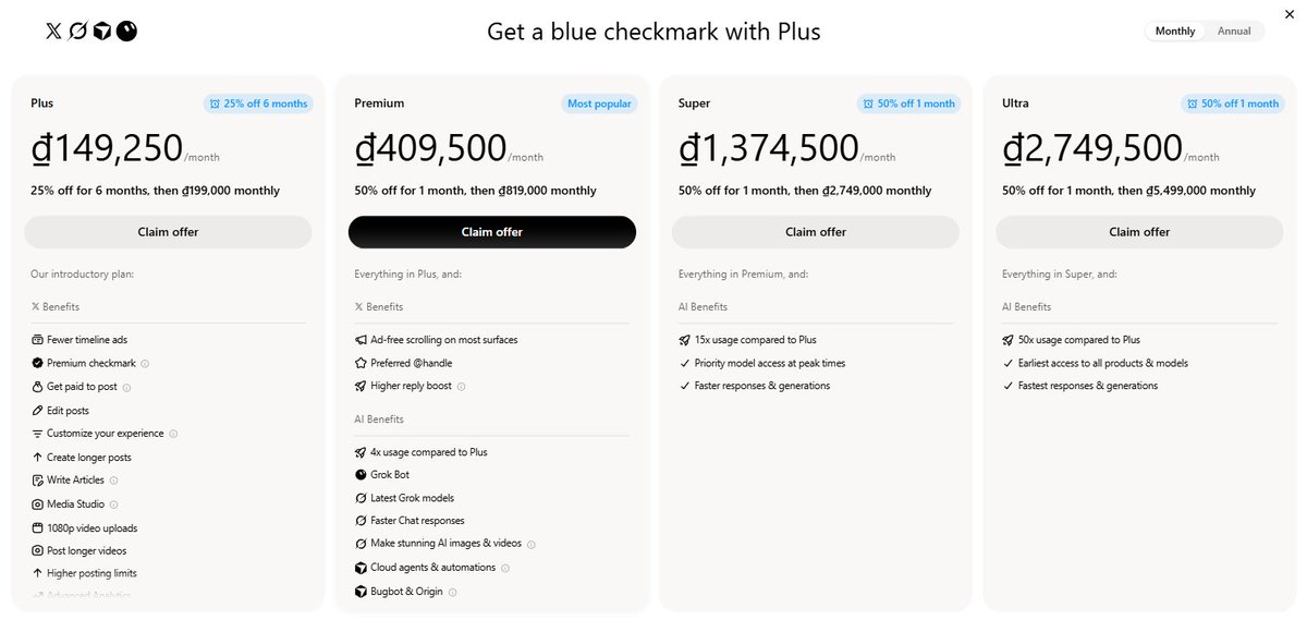DucCryptoX's tweet photo. Tin hot nhất lúc này có lẽ là đến từ X Premium

Musk vừa gộp X Premium, Grok và Cursor thành một hệ thống subscription chung tên The X Subscription.

Có 5 mức: Free, Plus $8, Premium $30, Super $100 và Ultra $200 mỗi tháng. Điểm mới là tất cả dùng chung một pool usage hàng tuần cho Grok và Cursor, thay vì tính riêng từng sản phẩm. Pool reset mỗi tuần nên một ngày dùng nặng không ăn hết cả tháng.

Gói $8 Plus đã có tích xanh, ít ads hơn, công cụ creator và dùng Grok + Cursor cơ bản. Gói $30 Premium được 4 lần usage của Plus, thêm Grok Bot, model mới nhất, làm ảnh/video AI, cloud agents trên Cursor và gần như không ads. Super và Ultra thì ưu tiên cao hơn và usage lớn hơn nhiều.

Trước đây muốn đủ bộ SuperGrok + Cursor Pro + Premium+ dễ lên gần $90. Giờ $30 đã cover phần lớn. Người chỉ cần tích xanh để boost bài hoặc đủ điều kiện Original Content Rewards thì gần như được AI kèm free. Người dùng AI nhiều thì tiết kiệm rõ, nhưng model bên thứ ba (Claude, v.v.) giờ tính API riêng, không còn nằm trong subscription nữa.

Mình thấy cách làm này hợp lý với người dùng nhiều sản phẩm của Musk cùng lúc, nhưng với người chỉ cần X Premium thuần thì gần như không đổi. Anh em đang dùng combo nào, có thấy gói mới đáng chuyển không?