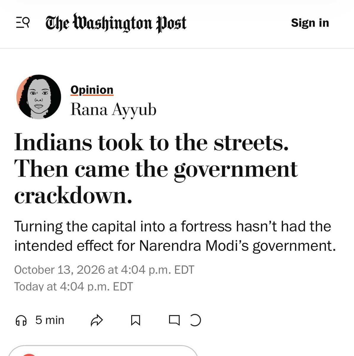 RanaAyyub's tweet photo. Almost every third protestor in Delhi spoke of an undeclared Emergency, and a looming dictatorship. The world watched as the police cracked down on protestors and the free press. Can the Modi government continue to sell the ‘World’s largest Democracy’ ?

I write @PostOpinions https://t.co/OPOlWFCOQe
