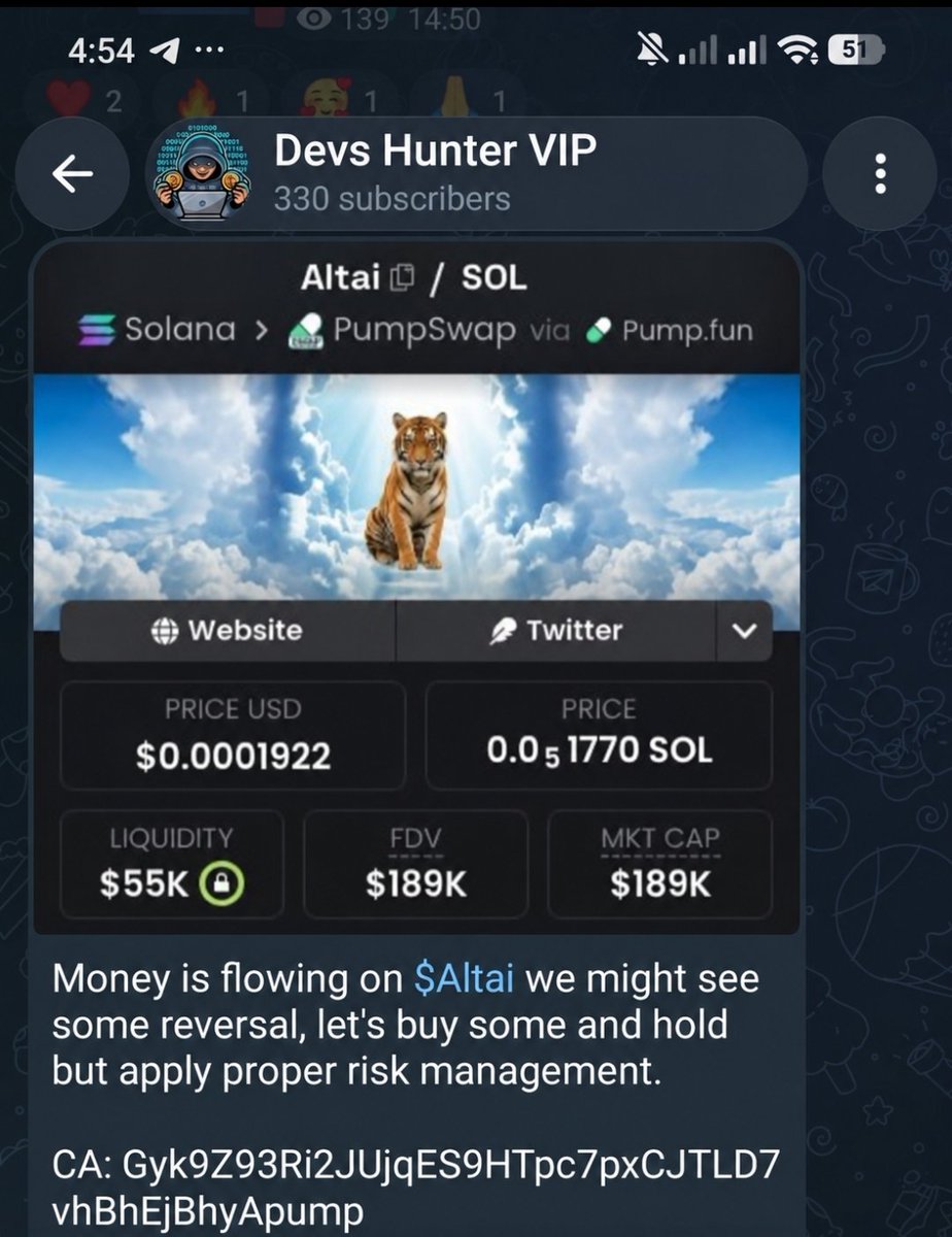 devs_hunter's tweet photo. A quick 15x profit on $Altai Gyk9Z93Ri2JUjqES9HTpc7pxCJTLD7vhBhEjBhyApump in my premium signal group.

You can’t be in my signal group and not making money, it's almost impossible.

💰 We have 4 slots left to END our  DISCOUNT PACKAGE.

0.5 sol ($50) for just 4 people, 
👉 12 months membership benefits,
👉 2 - 5 best signals per day (both on Solana, Robinhood and BnB chains).
👍 2 videos per week on how to identify rugs and the tools i'm using + FREE LIFETIME premium access to my token scanner.

🚨When the slots are all filled, the subscription fee will be back to 1 sol ($110) as usual.

If you're tired of watching your money disappear on rugs and random calls, this is where you stop the bleed and start trading like you mean it.

Hit DM if interested 👍.