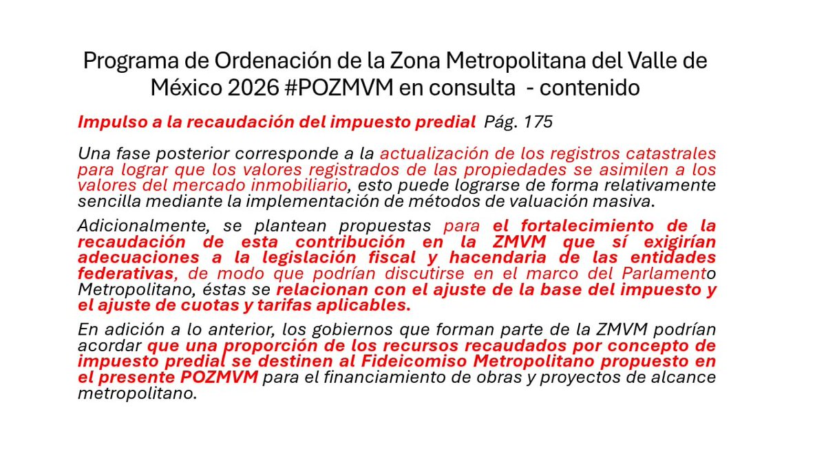 JosefinaMacG's tweet photo. El #POZMVM define ajustar base, cuotas y tarifas del predial, adecuar la legislación fiscal y hacendaria  para ello y acordar una proporción que se irá a un 'fideicomiso metropolitano'.  #OJO con la modificación legislativa que le da el poder al Consejo d Desarrollo Metropolitano https://t.co/nrYHVYylNv