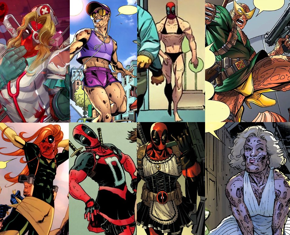 lyson_pain's tweet photo. For all the haters saying they don't know why #Deadpool is in a nurse's outfit, here's a compilation of DP crossdressing for ages in the comics. 
Hope this helps. #MarvelRivals https://t.co/4guk5lBWEV