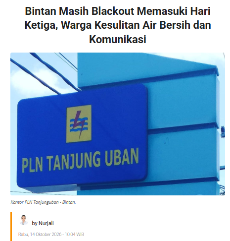 ejaaipongg's tweet photo. 🚨🚨BREAKING NEWS 

UP UP UP
MOHON SEBARKAN

BINTAN, KEPULAUAN RIAU. MASIH BLACKOUT MEMASUKI HARI KETIGA... BAYANGKAN 3 HARIIIII MATI LISTRIKKK !!!!

Selain kesulitan air bersih, warga juga menghadapi gangguan jaringan telekomunikasi. Kondisi itu menyulitkan komunikasi dengan keluarga yang berada di wilayah terdampak.