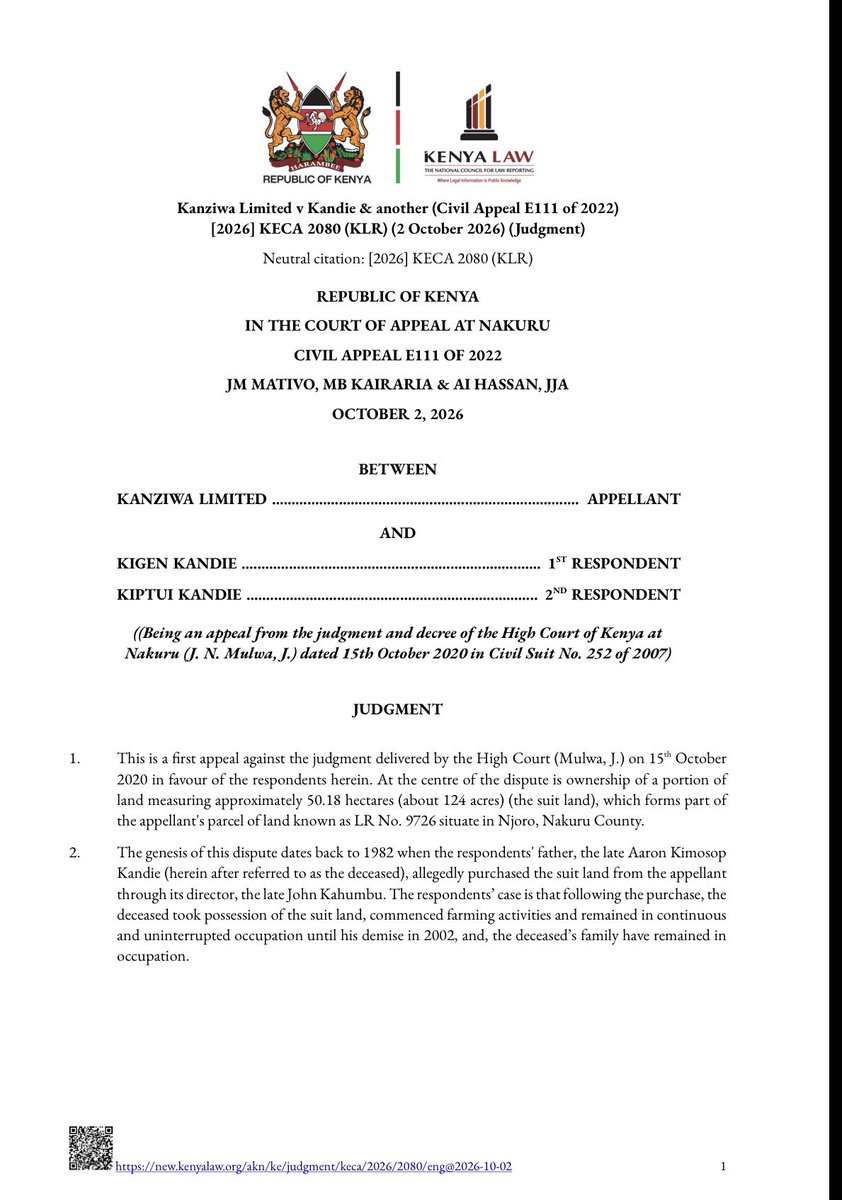 Lexken_EMSLaw's tweet photo. 🚨 A buyer who never received a title deed can still become the lawful owner through long occupation. And if that buyer dies, the right does not die with them. Their administrators can enforce it.

This is Kanziwa Limited v Kandie & another. Here is what it means.

The Court of Appeal was dealing with adverse possession, the rule that a person who occupies land openly, continuously and without the owner's permission for twelve years acquires title, while the registered owner loses the right to recover it. This comes from the Limitation of Actions Act, sections 7, 13 and 38.

Two points stand out.

✅ First, an incomplete sale is not a dead end. Where a buyer pays the price and is let into possession, but the transfer is never completed, the vendor holds the title as a constructive trustee, and the buyer's occupation can ripen into adverse possession. The missing title deed does not defeat the claim, because adverse possession rests on possession and the passage of time, not on a perfect transfer.

✅ Second, the right survives death. Once the twelve years have run, the occupier has acquired a proprietary interest. That interest forms part of the estate and passes to the administrators, who stand in the deceased's place. Death interrupts the person, not the accrued right.

On the absence of a written sale agreement, the Court agreed with the High Court. Section 3(3) of the Law of Contract Act requires a sale of land to be in writing, signed and witnessed, but the same section preserves constructive trusts, and equity will not allow that writing rule to be turned into a shield for a vendor against a buyer who has fully performed by paying and taking possession. Part performance answered the missing paperwork.

The legal dispute worth noting. Adverse possession rewards the person who actually used and held the land, and it presses registered owners to assert their rights in good time, which is the policy behind the Limitation of Actions Act. Set against that is the security of registered title, where the register is meant to be the reliable record of who owns what, and a documented owner can lose land to someone who never completed a transfer. The Court held the line for possession and part performance on these facts. Where the balance falls in the next case is left open.

Key takeaway: in a land dispute, occupation and conduct can weigh as heavily as the title deed. A sale never completed on paper can still be completed on the ground, and that right can be inherited.

👉 Follow @Lexken_EMSLaw for practical legal insights on land, adverse possession and property rights.