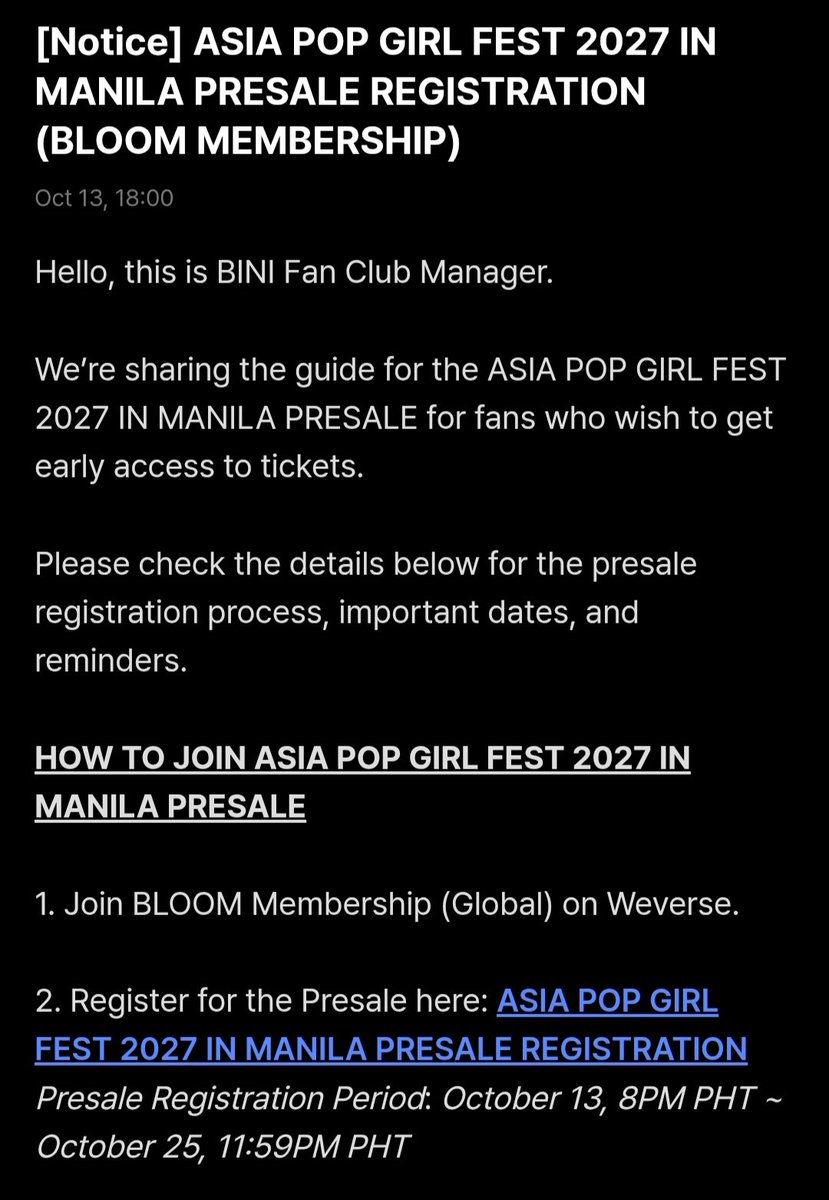 ultmaraiah's tweet photo. Hi blooms! Here's the guide for the Asia Pop Girl Fest 2027 in Manila Presale. You need to have a bloom membership to be able to join the presale.

📆 Presale Registration Period: October 13 8PM PHT to October 25, 2026 11:59PM PHT (As of posting this, inaccessible pa ang link).
📆 Presale: October 30, 2026 

#AsiaPopGirlFest2027 #APGF2027 #HANA #4EVE #BINI #BiHaVe