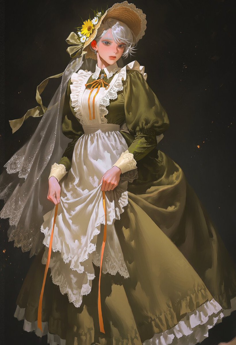 bla_JT_'s tweet photo. [주토 옷장]

#jt_prompt

full body, skirt hold,

straw sun hat, wide brim, woven beige straw, vintage bonnet, ivory lace veil, sheer lace fabric, scalloped lace trim, olive green sheer ribbon, large ribbon bow, white fabric flowers, yellow daisy, floral hat decoration, long flowing ribbon tails,

olive green vintage dress, puff sleeves, ivory lace collar, white ruffled apron, voluminous layered skirt, gathered fabric, scalloped lace trim, pumpkin orange ribbons, cream lace cuffs, vintage autumn fashion