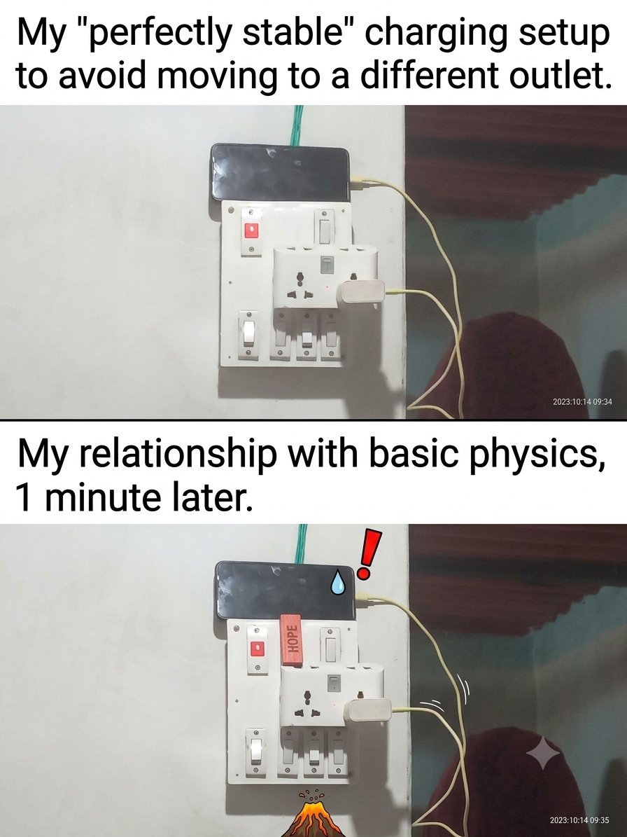 royaaryan89's tweet photo. My "perfectly stable" charging setup to avoid moving to a different outlet.
.
.
#Relatable #TechHumor #ChargingProblems #DIYFail #EverydayStruggles https://t.co/19OlyvLTII
