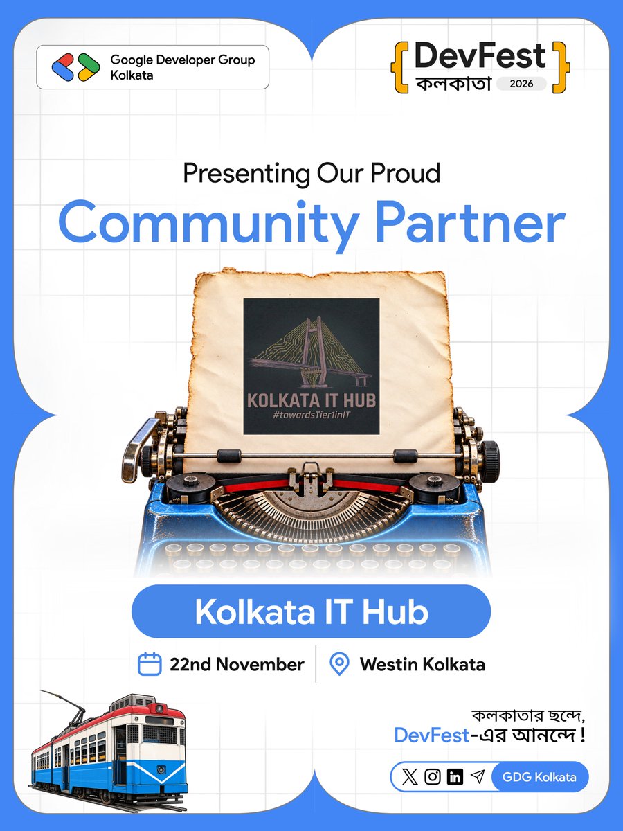 gdgkolkata's tweet photo. 🚀 Welcoming Kolkata IT Hub as our Community Partner for DevFest Kolkata 2026! 💙
📅 22 November
📍 The Westin Kolkata
🎟️ Tickets are LIVE! Get yours now at👉
https://t.co/2m2BSopL5z
কলকাতার ছন্দে, DevFest-এর আনন্দে! ✨
#DevFestKolkata #GDGKolkata https://t.co/29xPWaUK1g