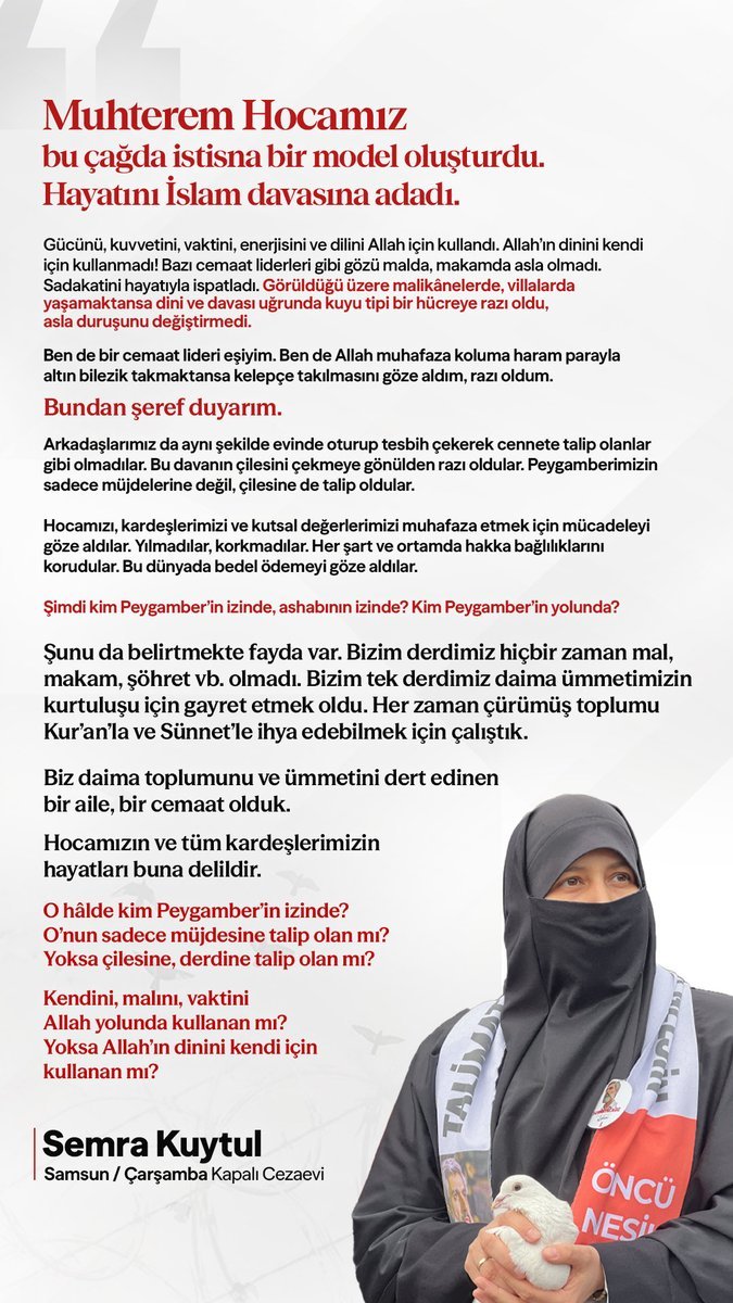 oncunesilnigdee's tweet photo. Bizim tek derdimiz ümmetimizin kurtuluşu için gayret etmek, toplumu Kur’an ve Sünnet’le ihya edebilmek oldu. Hocamız ve kardeşlerimiz, bu dava uğrunda bedel ödemeyi göze aldı. Çünkü biz Peygamberimizin yalnızca müjdelerine değil, çilesine de talibiz…” https://t.co/TEgdgBdKZ9