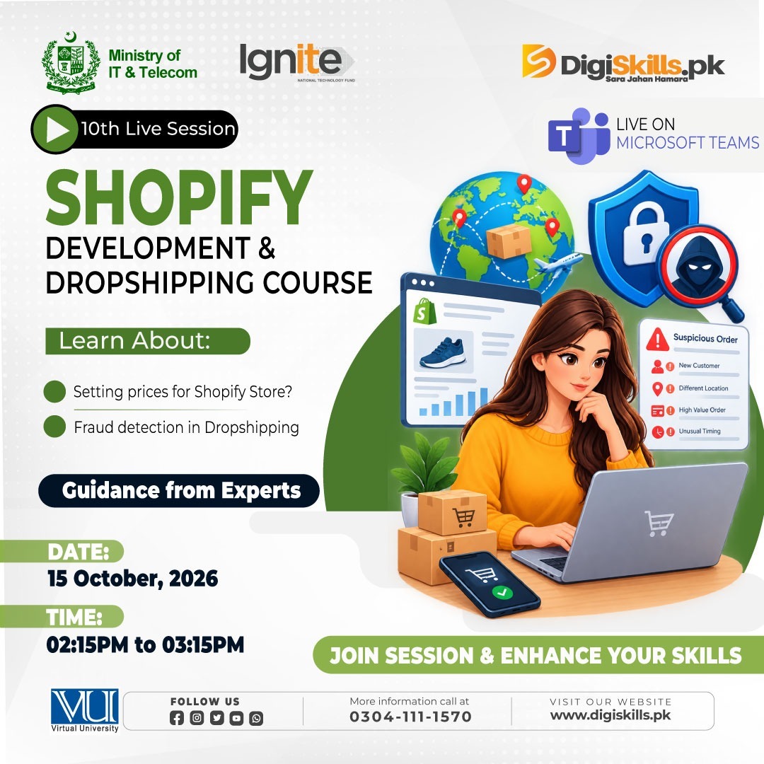 digiskillspak's tweet photo. Shopify Development &amp; Dropshipping - 10th Live Session  

Date: 15 October 2026 
Time: 2:15 PM – 3:15 PM  

This live session is exclusively for enrolled Batch-04 trainees.  
#SaraJahanHamara #DigiSkillsPk #MOITT #Ignite #VirtualUniversity #TechDestinationPakistan #Learn2Earn https://t.co/EWd2YoNYY1
