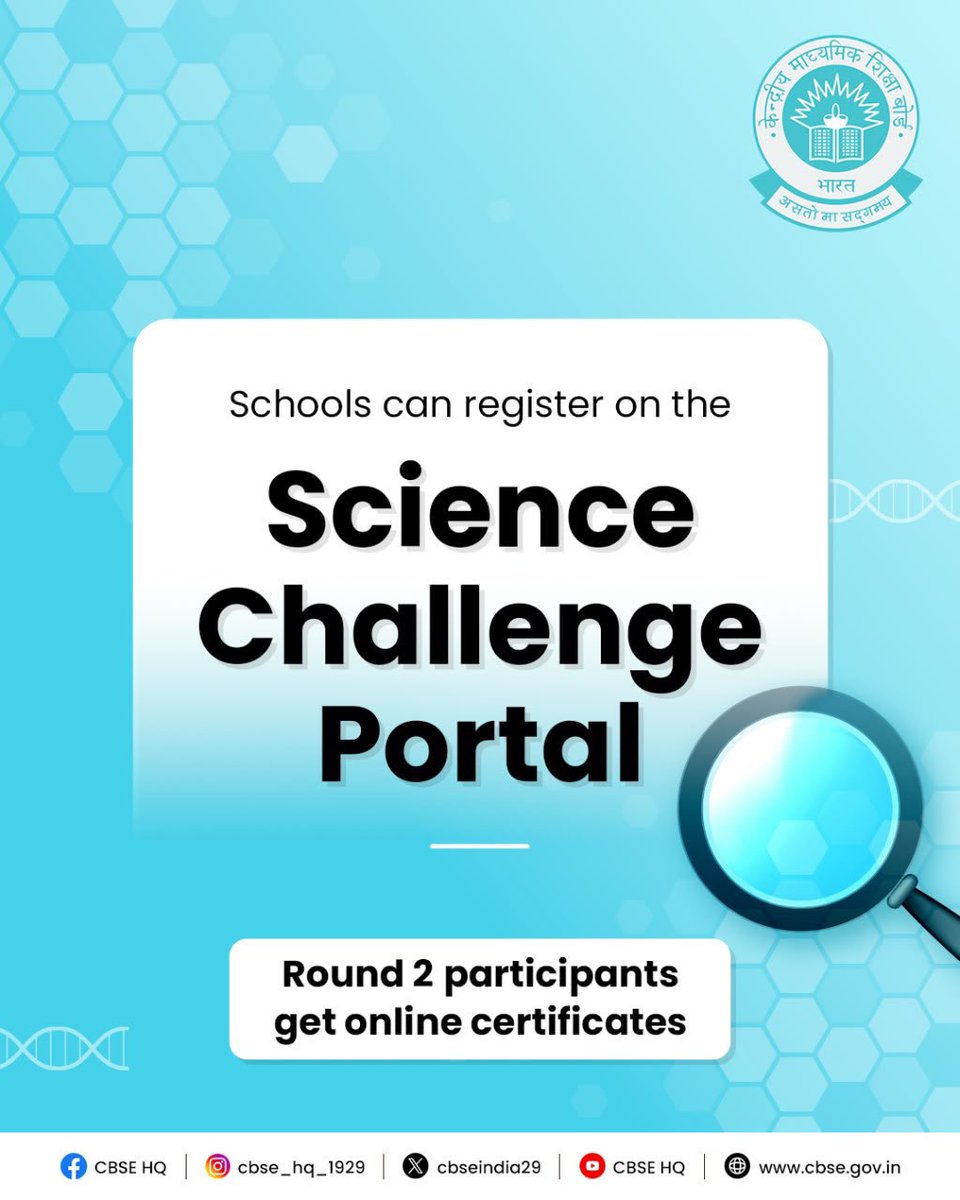 cbseindia29's tweet photo. The CBSE Science Challenge 2026–27 is open to students of Classes VIII to X and will be conducted in two rounds: intra-school and inter-school.

Know more: https://t.co/LMnGa39SK9

For queries, write to cbsesciencechallenge@cbseshiksha.in

#CBSEScienceChallenge #CBSE https://t.co/CsPPARMHLP