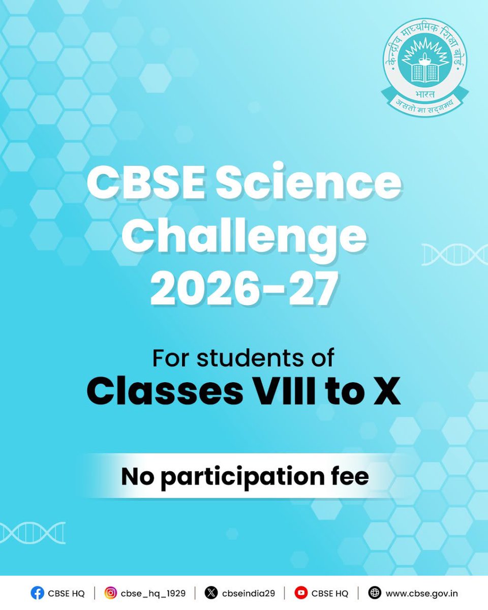 cbseindia29's tweet photo. The CBSE Science Challenge 2026–27 is open to students of Classes VIII to X and will be conducted in two rounds: intra-school and inter-school.

Know more: https://t.co/LMnGa39SK9

For queries, write to cbsesciencechallenge@cbseshiksha.in

#CBSEScienceChallenge #CBSE https://t.co/CsPPARMHLP