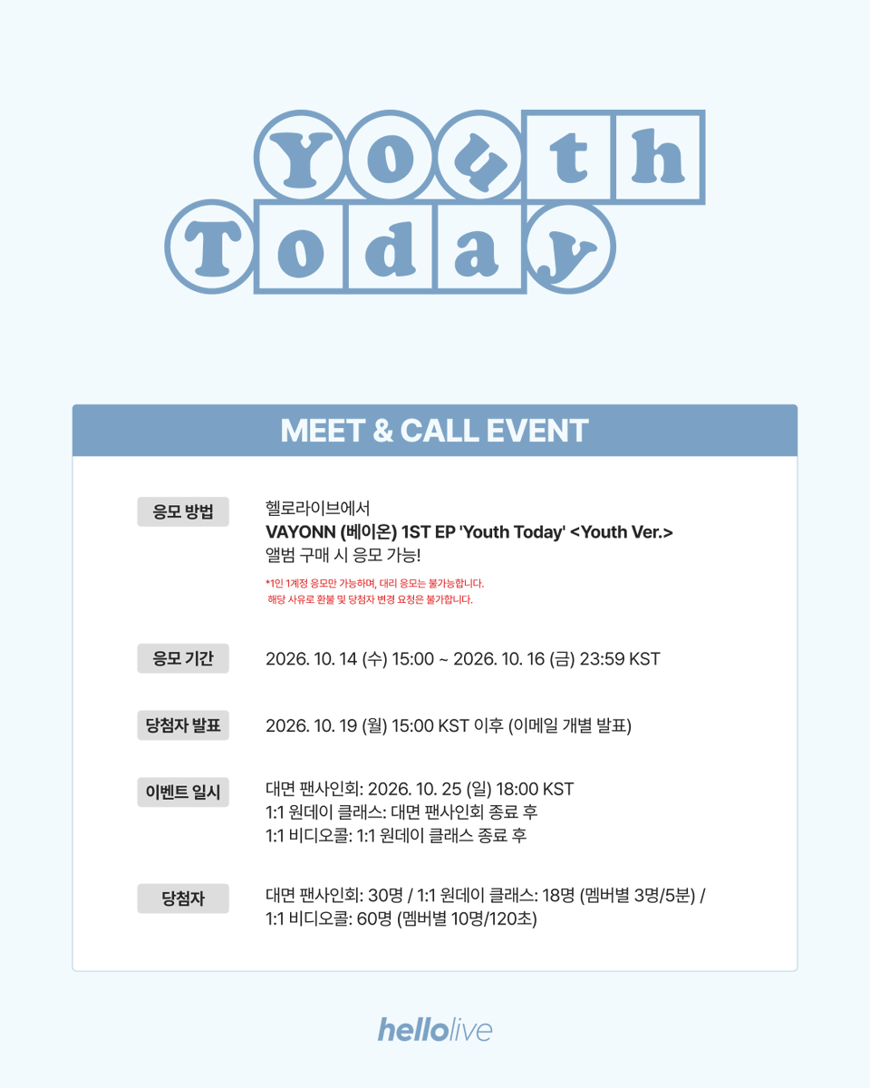 hellolivetv's tweet photo. #hellolive_NEW
VAYONN (베이온) 1ST EP 'Youth Today' 발매기념
🤍MEET&CALL EVENT🤍

🔔 이벤트 일시 : 10월 25일 (일) 18:00 (KST)
🔗 https://t.co/dBQ6l1g2Pb

🔎 응모자 특전
헬로라이브 단독 셀카 포토카드
대면 팬사인회 & 1:1 원데이 클래스: 🛌포근이온🥱 ver.
1:1 비디오콜: 🍀럭키🍀 ver. (후면: 손글씨)

✨ 당첨자 특전
대면 팬사인회: 6명 추첨 사인 폴라로이드 1매 증정 !
1:1 원데이 클래스: 멤버와 후우링 꾸미기+사인 폴라로이드 증정 !
1:1 비디오콜: 낙서 포토카드 전원 증정 !

#VAYONN #베이온
