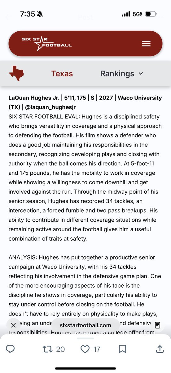laquan_hughesjr's tweet photo. Thank you @sixstarfootball blessed! @CoachQ_Carter @Coach_TPearson @DellMcGee @DBCoachMcGraw @CoachCBrazell @CoachWillBroad @CoachCFoster_  @CoachDouglasIII  @CoachJordyDubb @KristianDawson5  @CoachEwingFU @CoachPhilLongo @JoshuaEargle @CoachJayBowden_ @PBrown_2 @Coach_Benitez1 https://t.co/szMYF29OXe
