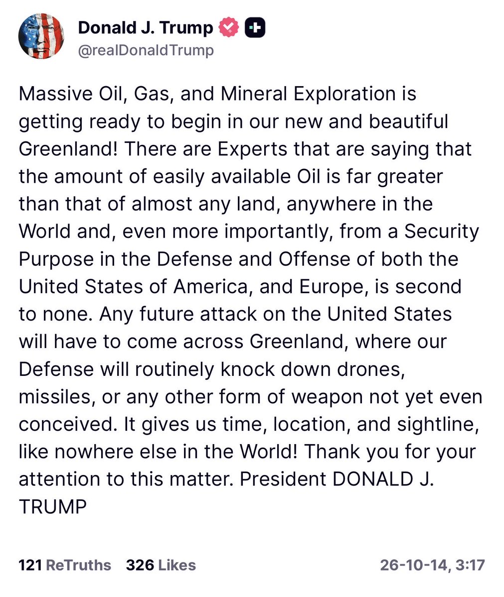 OJoelsen's tweet photo. Trump, here we go again!

“Our new Greenland”? 

Greenland is NOT yours. It never was, and it never will be.

The United States has no authority to decide whether, when, or how our oil, gas, or minerals are explored or extracted. Those decisions belong to Greenland!

Greenland belongs to the Greenlandic people. Our future is ours to decide! 

Our democracy, and our right to self-determination must be respected!