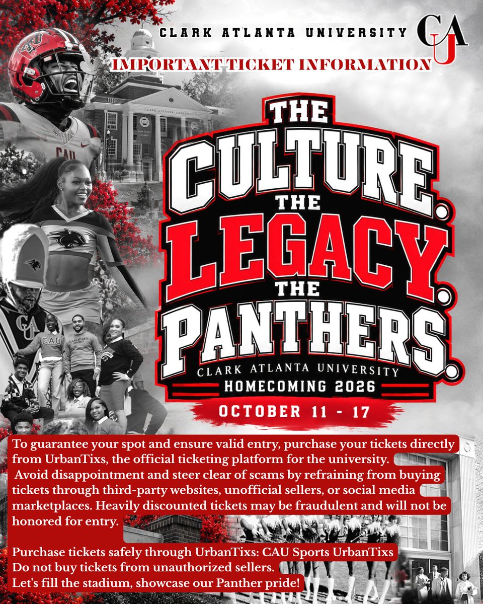 CAU's tweet photo. 🏈🐾 Join us Saturday, Oct. 17, as Clark Atlanta takes on Allen University (S.C.) at Panther Stadium! Kickoff is at 1 PM.

🎟️ Buy tickets ONLY at UrbanTixs: https://t.co/30WFMOtOVR
⚠️ Avoid scammers! Third-party tickets may be fraudulent and will NOT be honored. https://t.co/PA4S1XFlWC