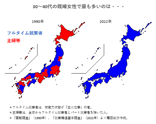 tmaita77's tweet photo. 変わったな。
既婚女性の状態地図だが，今ではフルタイム一色。

「夫婦を取り巻く経済状況、また女性の意識の上でも『フルタイム共稼ぎ』の時代になりつつあるのに、家庭内の性役割分業は旧態依然のまま。未婚化・少子化の原因は、こういうギャップにある」。 https://t.co/BDrbfZGhYW