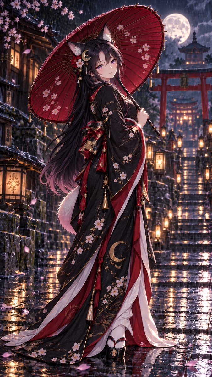 kasuga_yuri's tweet photo. Beneath the moonlight, a mysterious fox spirit waits in the rain… 🦊

Would you share an umbrella with Tsukino tonight? ☂️❤️

#AIart #Kitsune #AnimeArt #JapaneseFantasy #Tsukino https://t.co/3qeRnWC9LL