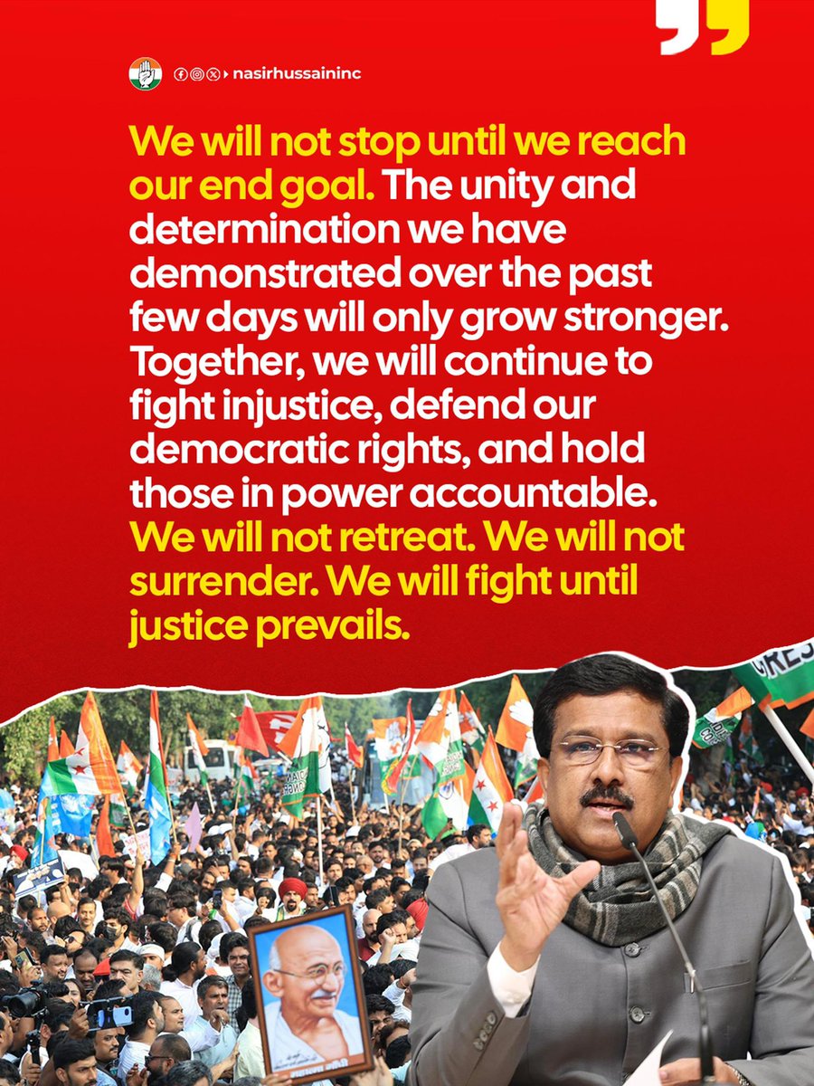 NasirHussainINC's tweet photo. The fight against injustice will not stop until justice prevails. United in resolve, unshaken in our commitment to defend democracy. ✊🇮🇳
#SaveDemocracy #VoteChori #RightToVote #DefendTheConstitution https://t.co/NrAHkRvKFS
