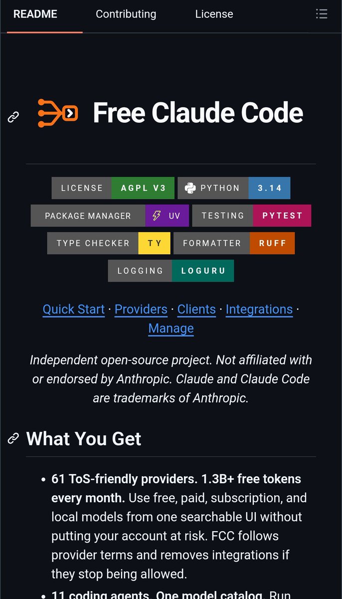 RituWithAI's tweet photo. 🚨 Someone just figured out how to run 11 different AI coding agents for free. Forever.

60,300 GitHub stars. 1.3 billion free tokens every month. Zero API bill.

It's called Free Claude Code. And it's not a hack. 61 ToS-friendly providers, routed through one local proxy, legally.

Here's what it actually gives you.

Not just Claude Code. Claude Code, Codex, Pi, OpenCode, Cline, Hermes, DeepSeek Harness, Grok Build, Muse Code, Aider, and VS Code Chat — all running on free models, from one searchable catalog.

No separate signups. No juggling API keys across ten dashboards. One admin UI. Pick a provider. Pick a model. Apply.

Here's the part that makes this safe to actually run.

Every integration follows provider terms of service. When a provider changes its rules, FCC removes that integration. No account-ban risk from scraping something you shouldn't.

Here's the failover that keeps you working through outages.

Your provider goes down mid-task? FCC automatically tries your next configured model without restarting your turn. You don't even notice. Configure a fallback list once — it applies across every client you connect.

Here's the wildest part.

Up to 90% lower token usage. Built-in optimizations compress tool results, filter repetitive command output, and skip provider calls entirely for routine stuff like quota checks and filepath suggestions. You're not just getting free tokens — you're burning through fewer of them per task.

Here's what else ships in the box.

→ Native browser coding sessions — run Codex in your browser with real-time and background execution, no terminal required

→ Voice notes in, code out — talk to your agent using local Whisper or NVIDIA NIM transcription

→ Works everywhere — terminal, desktop, VS Code, JetBrains, Discord, Telegram, phone

→ Full agent capabilities preserved — streaming, tool use, interleaved thinking, image input, all intact

One command to install:
curl -fsSL "https://t.co/OyMNDO8HyW" | sh

Pick your agents. Pick a provider. You're coding for free in under five minutes.

60.3K GitHub stars. 69 releases. 55 contributors including Claude itself.
AGPL-3.0. Independent project, not affiliated with Anthropic.

100% Open Source.