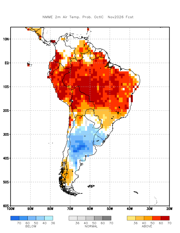 bernardodelos's tweet photo. #El_Niño parte 3. Pronósticos de temperatura a 2m del #NMME para Sudamérica de octubre de 2026 a febrero de 2027. En una línea: el norte y el centro muy cálidos, con 60-70 % de probabilidad de tercil superior, y una isla fría en el centro de Argentina que roza a Uruguay. https://t.co/XPHPElA4eS