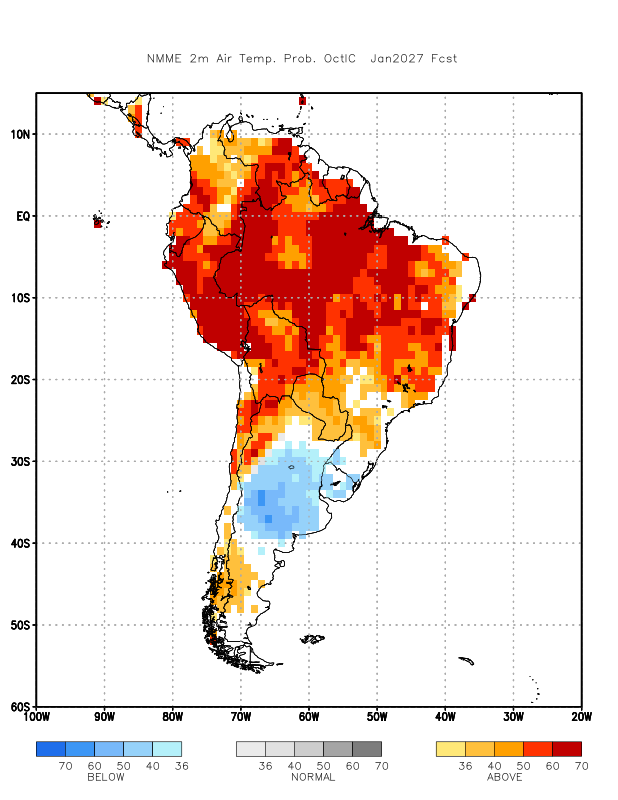 bernardodelos's tweet photo. #El_Niño parte 3. Pronósticos de temperatura a 2m del #NMME para Sudamérica de octubre de 2026 a febrero de 2027. En una línea: el norte y el centro muy cálidos, con 60-70 % de probabilidad de tercil superior, y una isla fría en el centro de Argentina que roza a Uruguay. https://t.co/XPHPElA4eS