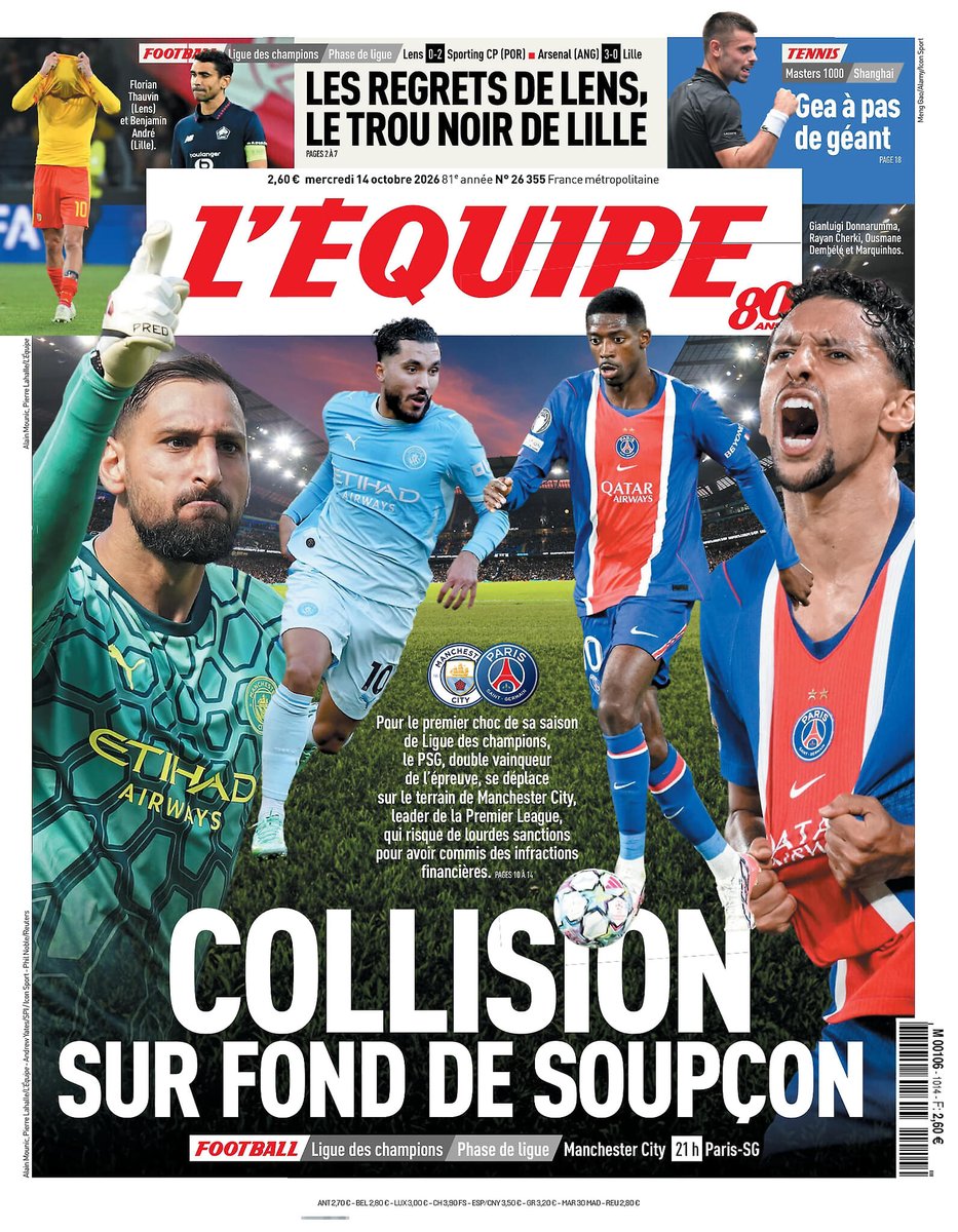 lequipe's tweet photo. 🗞️ La une du journal L'Équipe du mercredi 14 octobre 2026
Pour lire votre édition➡️ https://t.co/5afYu08Dkk https://t.co/wRcPhSXiS1
