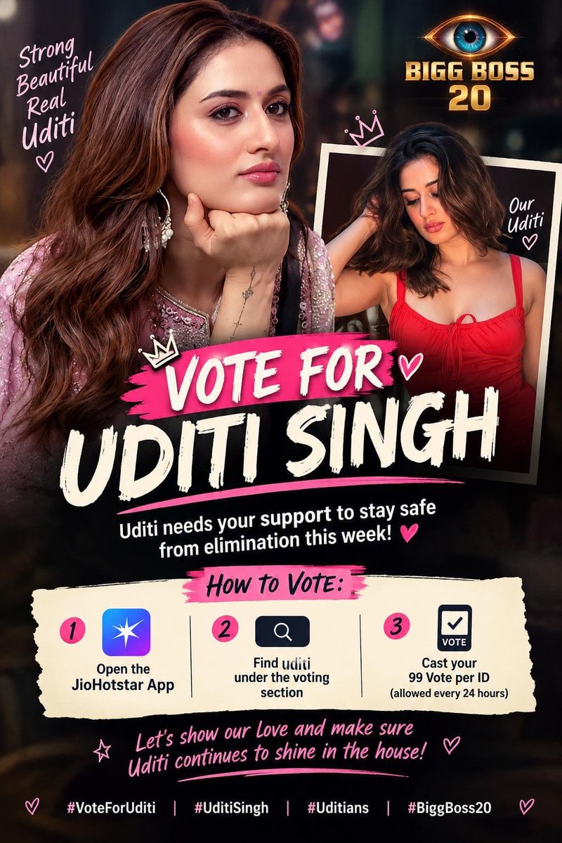 Rishijx's tweet photo. Guys, voting lines are open! 🚨 Vote for our girl! This is the time to show our love for Uditi. Keep voting, everyone, every single vote counts! 🔥
#UditiSingh 
#BiggBoss20 https://t.co/JZfjpQErGr