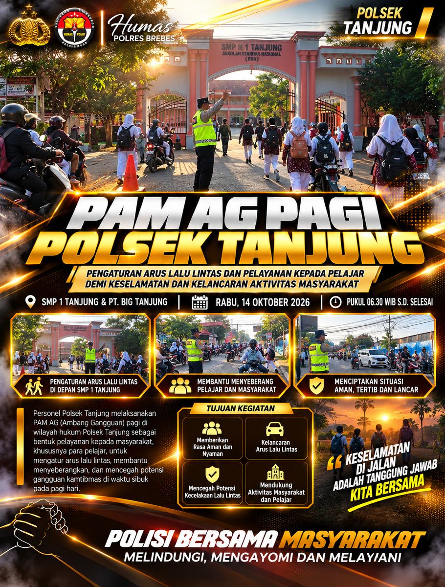 polisi_brebes's tweet photo. Polsek Tanjung hadir membantu aktivitas pagi masyarakat melalui pengaturan lalu lintas dan membantu pelajar menyeberang jalan di SMP Negeri 1 Tanjung, Rabu (14/10/2026).
#PolresBrebes #PolsekTanjung #PamPagi #PolisiBersamaMasyarakat #TertibBerlaluLintas https://t.co/5N4UrJXhUJ