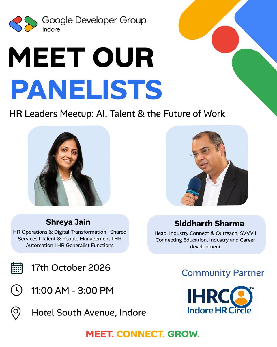 GDG_Indore's tweet photo. ποΈ Meet HR Meetup 2026 panelists Shreya Jain & Siddharth Sharma! Explore HR transformation, talent management & career growth.
π
17 Oct | 11 AMβ3 PM
π Hotel South Avenue, Indore
ποΈ Limited seats!
#gdgindia #devfest2026indore #gdgindore #gdgcloudindore #mlindore #wtmindore https://t.co/1A6sePjYKt
