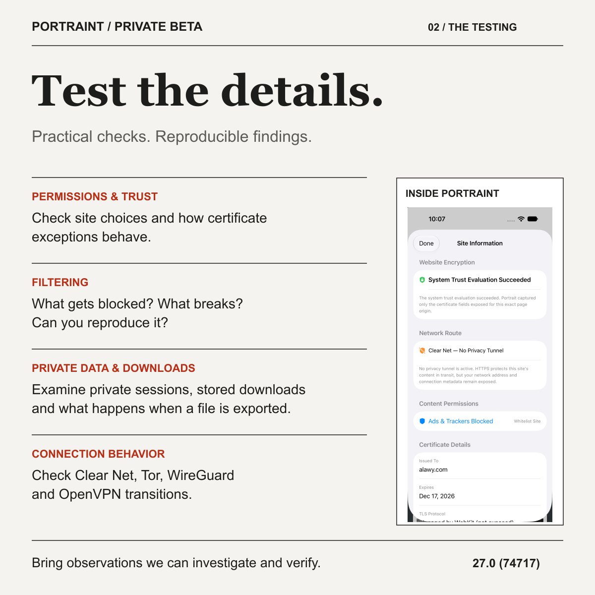 AlawyOnSecurity's tweet photo. Call for #Privacy & #CyberSecurity professionals: help test Portraint, a free #iPhone #iPad browser.
Challenge its privacy controls.
DM your email, device & OS to join. #TestFlight invitations follow Appleโs approval.
#Privacy #BetaTesting #TOR #VPN #WireGaurd #Encryption https://t.co/7ELWu4cUXF