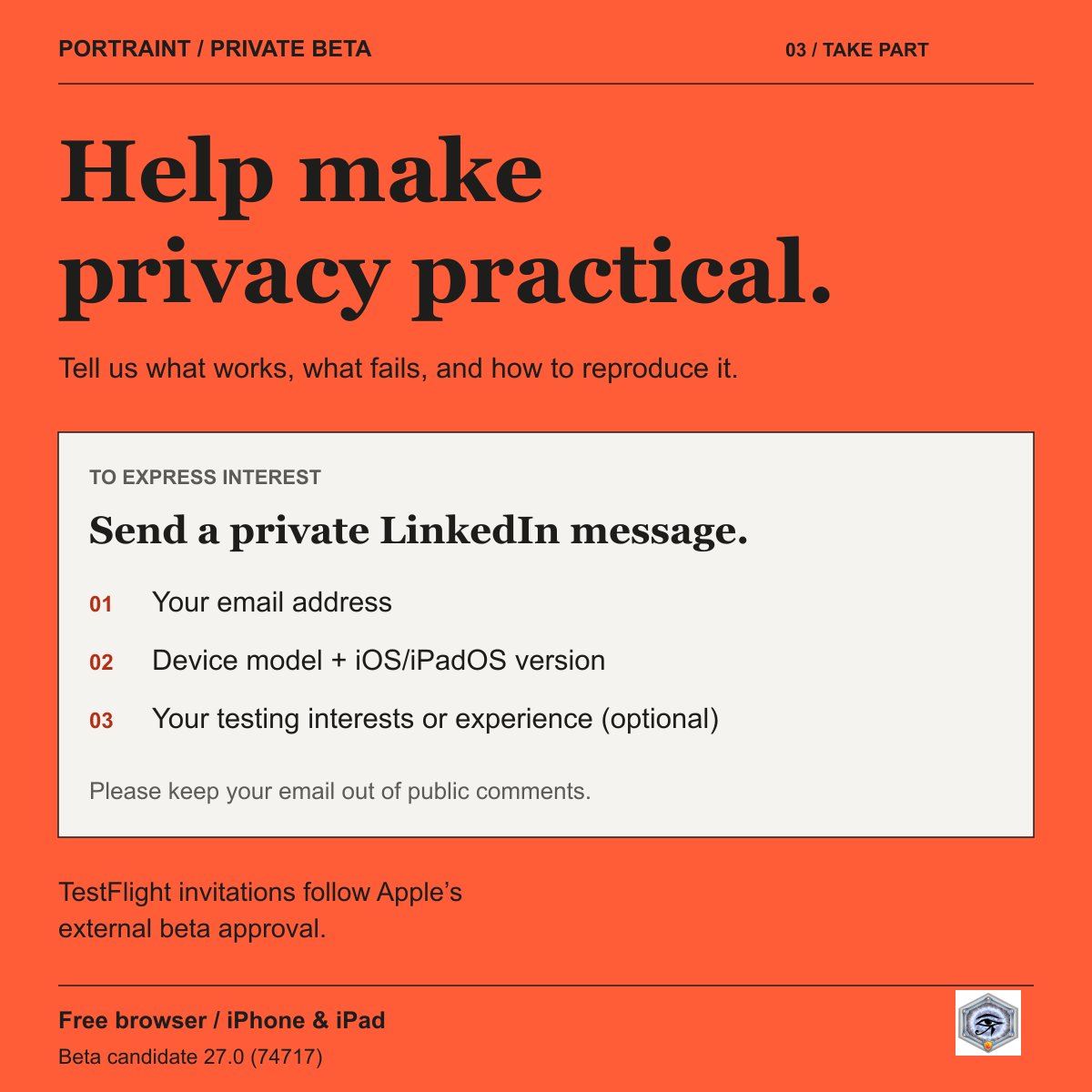 AlawyOnSecurity's tweet photo. Call for #Privacy & #CyberSecurity professionals: help test Portraint, a free #iPhone #iPad browser.
Challenge its privacy controls.
DM your email, device & OS to join. #TestFlight invitations follow Appleโs approval.
#Privacy #BetaTesting #TOR #VPN #WireGaurd #Encryption https://t.co/7ELWu4cUXF