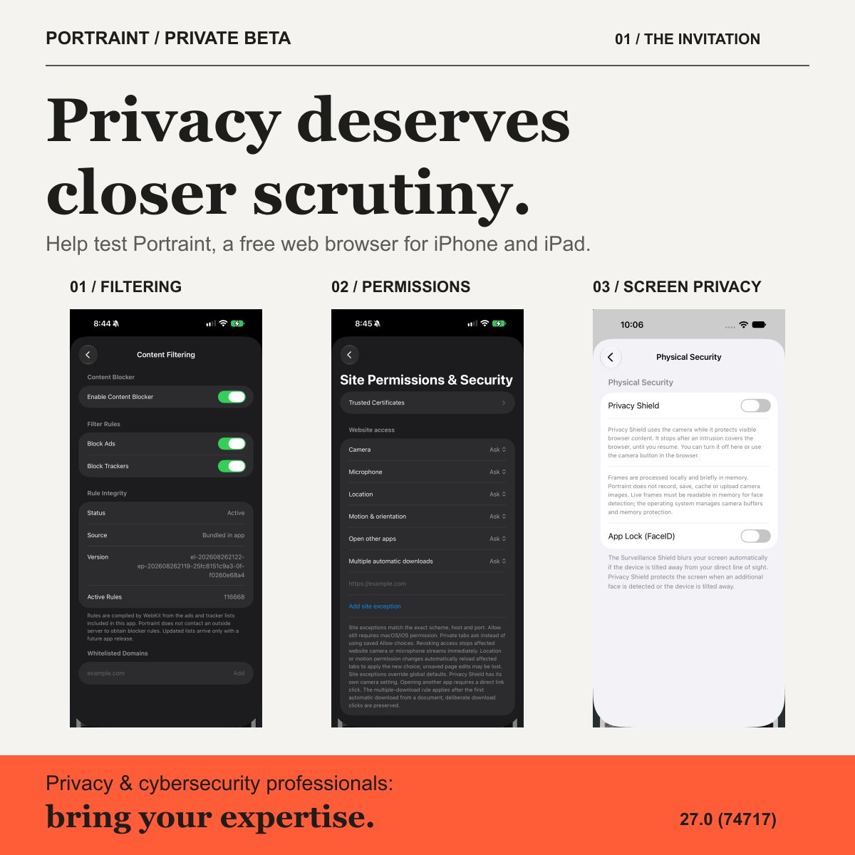 AlawyOnSecurity's tweet photo. Call for #Privacy & #CyberSecurity professionals: help test Portraint, a free #iPhone #iPad browser.
Challenge its privacy controls.
DM your email, device & OS to join. #TestFlight invitations follow Appleโs approval.
#Privacy #BetaTesting #TOR #VPN #WireGaurd #Encryption https://t.co/7ELWu4cUXF