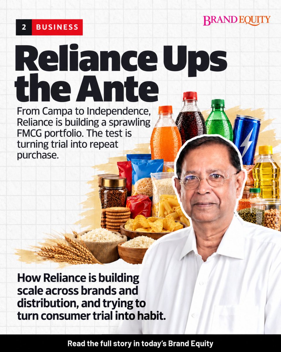 ETFrontRow's tweet photo. Parle’s first-ever CEO. Reliance’s FMCG playbook. Brands getting trolled on purpose. Streaming’s profitability test. And why your agency is now your data risk.

Today’s BE in 5, featuring George Kovoor, T Krishnakumar, Sree Chandran, Rohit Goyal, Keerat Grewal, @rajcheerfull, @tejkarran, @adityapittie, Mautik Tolia, Pep Figueiredo, @iamgauravgandhi, @madhoknikhil, Attreyi Mukherjee, Ranjana Adhikari, Bobby Pawar, @ambimgp and @harishbijoor.

Swipe through, then pick up today’s Brand Equity with The Economic Times for the full stories.

#BrandEquity #BEin5 #Marketing #Advertising

@sonalikrishna @pratishtha212 @sruthijith @pravthampi @Utopiandevil