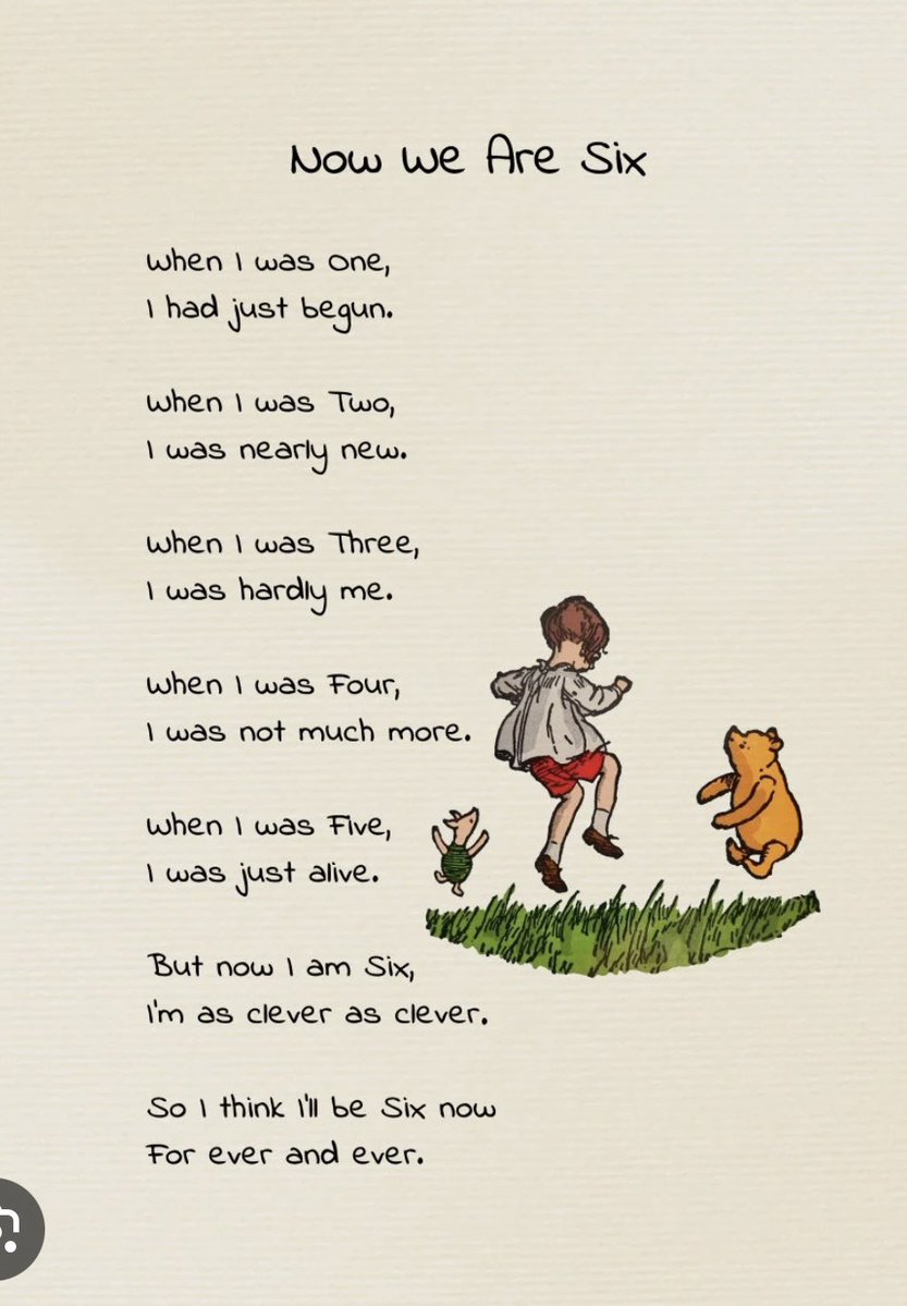SallyBundockBBC's tweet photo. This is my favourite A.A.Milne poem. 6 is a great age! Today is 100 years since the 1st Winnie the Pooh book was published. I love them - what a blessing. https://t.co/j2ZLqJjox3