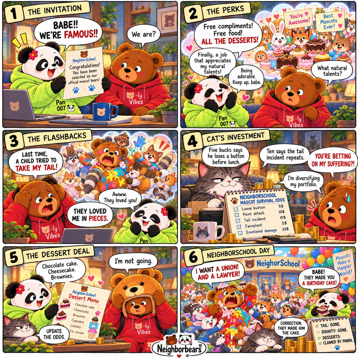 neighborbears's tweet photo. 🐼: I got us a mascot gig with free food, endless compliments & unlimited desserts. 🐼❤️
🐻 got trauma, paint in his fur & a new fear of children. 😂
#NeighborBears #CoupleComedy #Webcomic #CoupleHumor https://t.co/CNjFrxUoOb