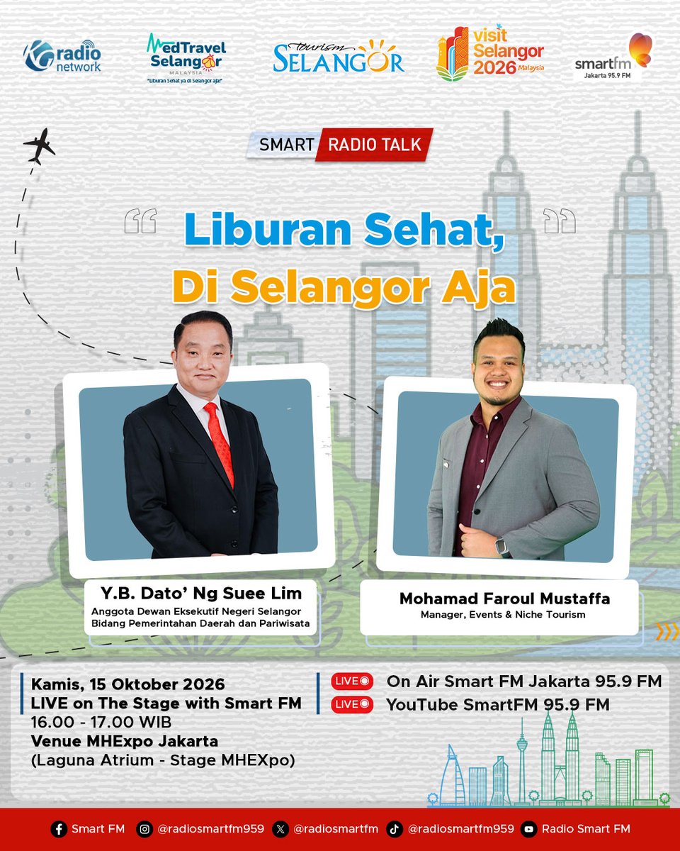 RadioSmartFM's tweet photo. Jenuh dengan rutinitas kota dan mencari liburan?

Selangor, Malaysia, bisa menjadi destinasi pilihan. Simak pembahasan selengkapnya dalam Program Smart Radio Talk.

🗓️ Kamis, 15 Oktober 2026
🕓 16.00 - 17.00 WIB

📍Live from the Tourism Selangor Event at Central Park

Stay tuned! https://t.co/Jb23g3Hdt7