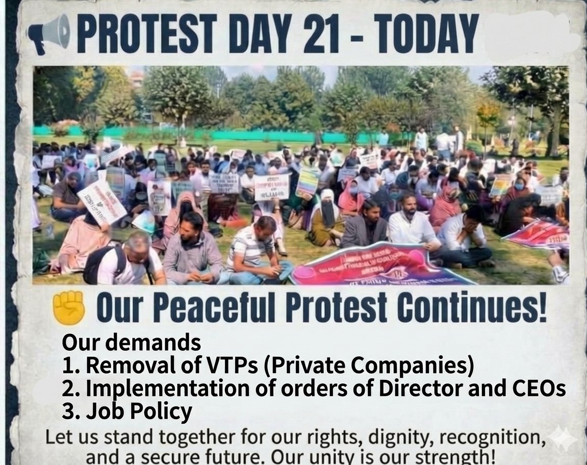 DanishKhazir123's tweet photo. Respected CM @Omar_Abdullah Sahib & Education Minister @SakinaItoo Ji,
As our peaceful protest crosses Day 21, thousands of highly qualified Vocational Trainers are sitting on the streets of Srinagar, desperate for justice. We have given nearly a decade of our youth to building the future of J&K’s students, but our own lives are trapped in the uncertainty of private outsourcing.
With heavy hearts but deep hope in your leadership, we pray for your urgent, empathetic intervention to fulfill our genuine demands:
1️⃣ Removal of private VTP companies (middlemen)
2️⃣ Implementation of Director & CEO orders
3️⃣ A secure, long-term Job Policy
Our families are suffering, and our careers are on the line. Please end this exploitation, protect our dignity, and save our futures. 🙏✨
#JusticeForVocationalTrainers #JKVocationalTrainers #OmarAbdullah #SakinaItoo