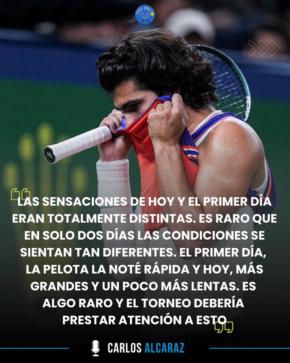 DirectoSaque's tweet photo. 🤷🏼‍♂️⚔️ ALCARAZ Y BERGS, OPINIONES DISTINTAS SOBRE LAS BOLAS EN SHANGHÁI 🎾🇨🇳

💬 Alcaraz cuestionó las condiciones de juego. Bergs defendió que las pelotas son las mismas que en el torneo anterior, aunque reconoció que hay botes extraños en la pista. https://t.co/CiGa8SrIon