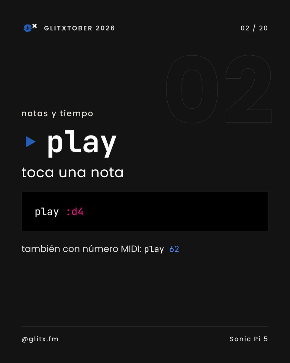 glitx_fm's tweet photo. Los comandos básicos de Sonic Pi, de play a with_fx, cada uno con un ejemplo para copiar. El beat del final los usa todos.
Las 20 slides en https://t.co/ntuyBOzCxk
#SonicPi #Glitxtober #devtober #sintetizador https://t.co/bwbUJua7IQ